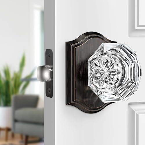 Calzibeno Boutons de porte d'intérieur en cristal avec serrure, bronze huilé, boutons de porte vintage en verre cristal diamant pour intérieur chambre à coucher, salle de bain, utilisation privée