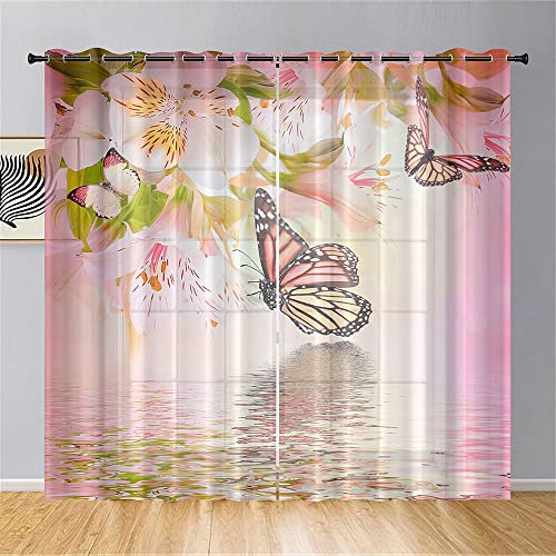 Surwin Net Curtains for Windows, 3D Butterfly Voile Curtain Eyelet Sheer Curtains 2 Panels, Semi Transparent Voile Panel Window Treatments for Kitchen,Bedroom,Living Room (W52 xL72,Pink Flowers)
