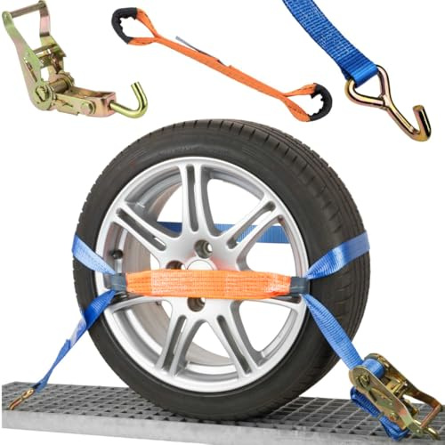 Safetytex Autotransport Spanngurt Radsicherung 2t 35mm 2,90m | 4er Zurrgurt Set mit Quergurt für Fahrzeugbefestigung, sichere Radsicherung beim Transport von Autos