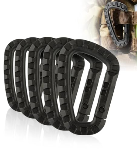 Juego de 5 mosquetones de plástico, negro, exterior, grande, resortes en D/5 piezas