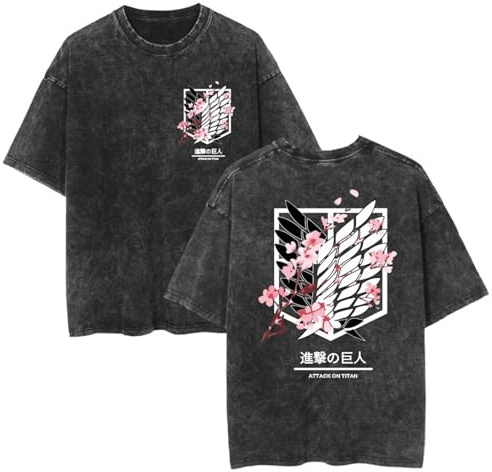 zhedu Magliette Anime Nuove E Lavate AOT Grafiche Oversize A Maniche Corte alla Moda Traspiranti con Stampa Fronte-Retro con Spalle Cadenti (Color 01,S)