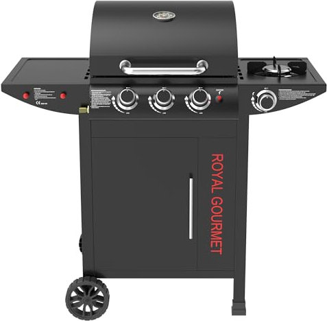 Royal Gourmet Barbecue Gaz à 3+1 Brûleurs en Acier Inoxydable, Gril à Gaz sur Chariot de Puissance 11,5 KW avec Tablette et Thermomètre, 2 Roues et 1 Porte, Adapté pour Jardin et Extérieure, Noir