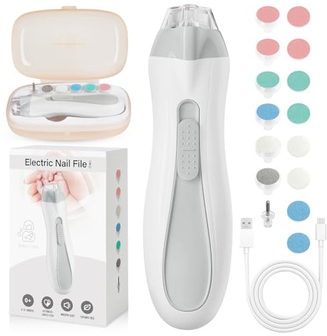 Prolixity Lime à ongles électrique pour bébé – Coupe-ongles rechargeable 15 en 1 pour bébé avec lumière et 15 tampons de meulage, ensemble de soins des ongles pour bébé et tout-petit, gris