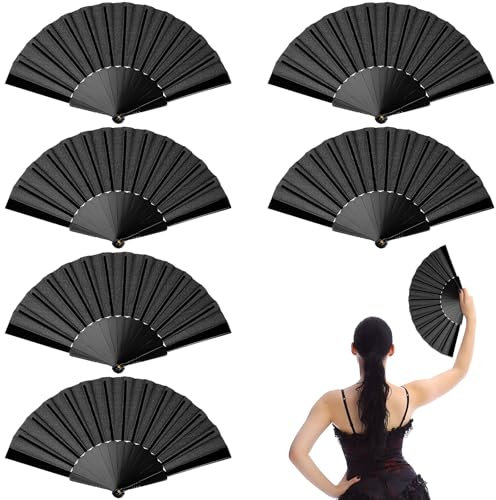 TTYSHIP® 6 Pezzi Ventaglio Pieghevole Nero, Ventaglio a Mano Pieghevole, Ventagli di Stoffa Nero per Ballo, Festa, Regali di Nozze per Decorazione
