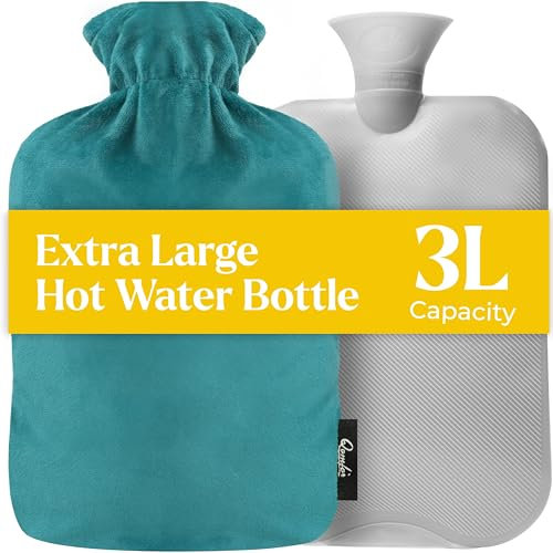 Qomfor XXL Borsa Acqua Calda Grande (3L) con Fodera in Morbido Fleece – Borsa dell'Acqua Calda per Dolori Muscolari, Crampi e Inverno – Boule Acqua Calda Perfetta per Relax e Regali (Verde/Blu)
