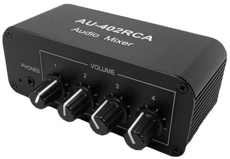 RANJOVER AU-402RCA Stereo Audio Mixer Multi-Channel Audio Source Reverberator Volume Control 3.5mm Headphone Driver 4 Input