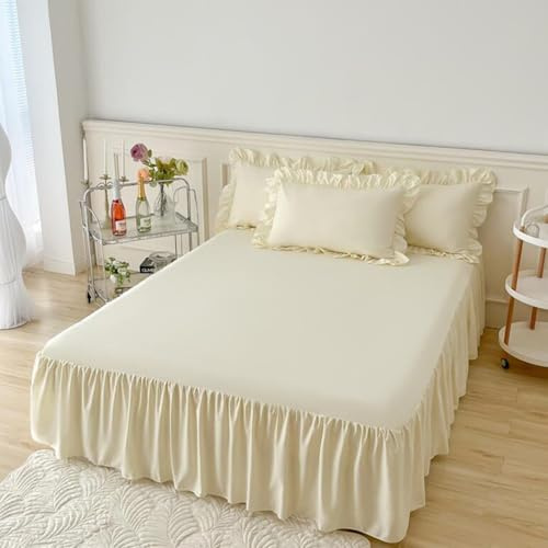 Highdi Betthusse 140x200 Bettrock, Elastische Bettwäsche mit Rüschen, Beige Baumwolle Bed Skirt Umwickeln mit Elastischem Gürtel - 40 cm Rock – Schrumpffest und Farbecht