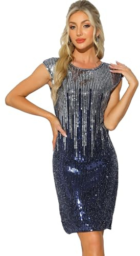 Allegra K Damen Midi-Paillettenkleid mit Flügelärmeln, für Clubpartys, glitzernde Kleider Blau Silber M