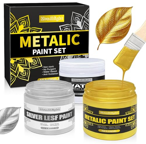 MendMight Gold & Silber Acrylfarben Set Metallic, Lackfarbe für Metall 450 ml (3x150 ml) Goldlack, Silberfarbe & Wasserlack, Acrylfarbe Gold Metallic für Kunst, Handarbeiten