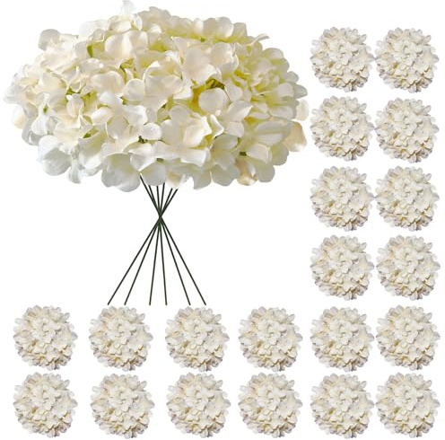 Cherica Hydrangea Artificial Flowers, 20 Pcs Champagne Hydrangea Artificial Flowers Bulk, Faux Hydrangea Flowers for Outdoor, Fake Silk Ivory Hydrangea Flowers with Stems for Wedding Decoration Decor