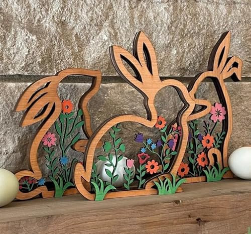 Osterhase Deko Aufsteller, 3Stück Osterdeko Holz Hase Figuren Mit Blumen, Osterhasen Deko Figuren, Frühlingsdeko Holz Innen, Niedliche Holzhase Zum Hinstellen Für Tischdeko Ostern & Frühling Deko