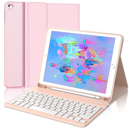 JADEMALL Coque Clavier pour iPad 6eme/5eme Generation 2018/2017 9.7, Air 2/1 2014/2013, AZERTY Clavier Bluetooth Magnétique Détachable avec Fente pour Stylo, Rose