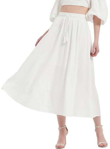 Kefiyis Summer Skirts for Women UK Ladies Skirts Elasticated Waist Long Skirt with Pockets Midi Skirt with Drawstring White L
