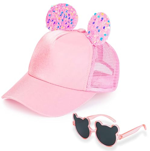 Basebollkeps och solglasögon för flickor, baby-solhatt med musöron, kaninöron och en fluga justerbar lastbilsmössa sommar andningsbar näthatt för pojkar flickor 2 till 7 år, Rosa, 2-7 años