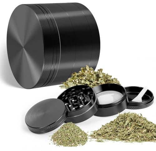 Generisch dY8x1- Grinder Crusher Ø 4.9cm mit Pollen Scraper, 4-teilige Kräutermühle aus Edelstahl – Manueller Gewürz Crusher, Gewürze, Kräuter – Kompakt & Langlebig Gewürzmühle (Schwarz)