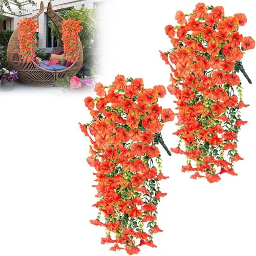 TOYZLY 2PCS Hanging Baskets Artificial Flowers, Fake Morning Glory Artificial Hanging Flowers for Outdoor, Faux Silk Mums & Violets, Hanging Plants for Garden Balcony Porch Spring Decor (Orange)