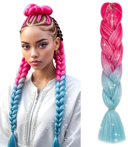 S-noilite Braids Extensions Regenbogen Jumbo Haarverlängerung, buntes Zopf-Haarteil für Box-Twist-Zöpfe, 60 cm, 1 Stück 100g, langes Ombre-Häkel-Kunsthaar,Glitzer Pfirsichrot zu Hellblau mit Lametta