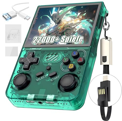 R36XX Retro Handheld Spielekonsole 128G,22000+ Spiele,12 Emulatoren,3000mAh,tragbare Videospielkonsole mit 3.5-Zoll-IPS-OCA-HD-Bildschirm,640*480P,Open Source Linux System,Dual 3D Joystick (Grün)