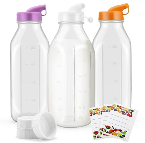 Micvtve 3 PCS 32 oz Empty Glass Milk Bottles with Silicone Dispenser Cap, Clear Water Bottles with Leak Proof Lid and Scale Mark, Reusable Glass Jars for Juice, Milk, Iced Tea