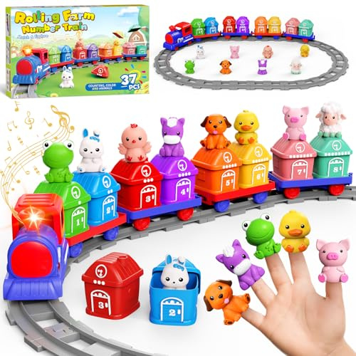 Meytccve Jouet Éducatif Train pour Enfants 1 2 3 Ans - Circuit de Train Électrique avec Animaux de la Ferme, Marionnettes à Doigts, Jeu Montessori d'Association et Tri (Blau)