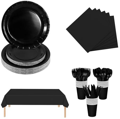 Chingcoo 169 Stück Partygeschirr Set Bunt, Pappteller für 24 Personen, Pappbecher Bunt & Pappteller Set mit Besteck, Servietten & Tischdecke - Perfektes Pappgeschirr Setz für Geburtstage & Partys