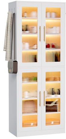 LITTLE TREE Stylish 8-Tier Vertical Shoe Rack with Built-in LED Lighting, Doors for Dust Protection, and Convenient External Hooks, Shoe Cabinet for Entryway, Living Room, Bedroom, White