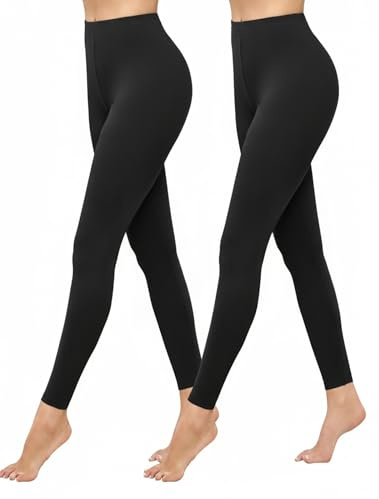 Ekouaer 2 Pack Thermal Leggings Women UK Soft Elastic High Waisted Thermal Lined Pants High Waisted for Gym Yoga in Winter,Black/Black,S