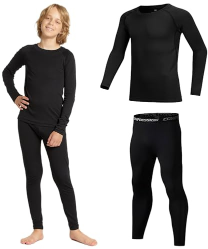 Fjquamitix Conjunto de capa base térmica para niños, forro de fieltro cálido para niñas y niños, conjunto de ropa interior térmica para esquí, ciclismo y correr, fútbol, Negro, 6-7 años