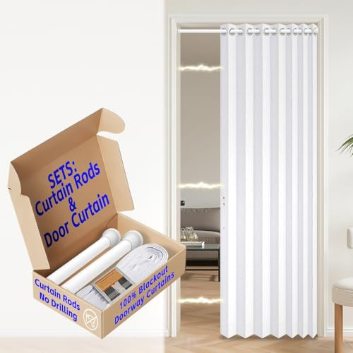 AJAZZ Blackout Magnetic Door Curtain with Curtain Rods 28-39 in Length, Patio Door Curtain Invisible for Bedroom Living Room Accordion Doorway Curtain Set, 1 Panel, W45 x L80 in, White