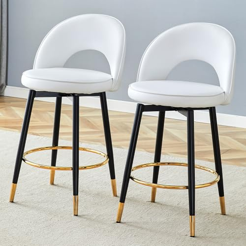WEALTHOUSE Juego de 2 sillas de comedor giratorias de piel sintética de 360°, respaldo en forma de cuenco, asiento acolchado, estructura de metal con ribete dorado y reposapiés, elegante taburete