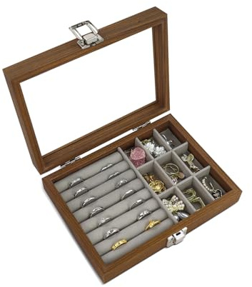 Energather Scatola Portagioie da Viaggio, Piccolo Porta Gioielli in legno Custodia con Coperchio di Vetro, Portagioie Donna con Serratura per Anello Orecchini Collana(Stile-A)