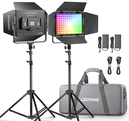 Godox Litemons LP600R Kit d'éclairage continu à 2 lumières Panneau LED RGB de 60W CCT 1800K-10000K Supporte Le contrôle par Application avec Portes de Barnum, Pieds de lumière