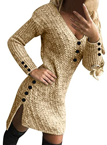 Vestido de mujer de invierno corto de punto con cuello en V para mujer, vestido envolvente, bodycon manga larga, vestido de jersey con patrón de trenzas y botones, vestido de jersey monocolor, con