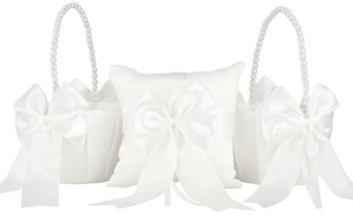 3 Pcs Wedding Ring Bearer Pillow Flower Attendants Baskets Set, Including an Elegant Ring Pillow and 2 Flower Attendant Baskets with Pearl Handle, Handcrafted with White Ribbon for Romantic Weddings