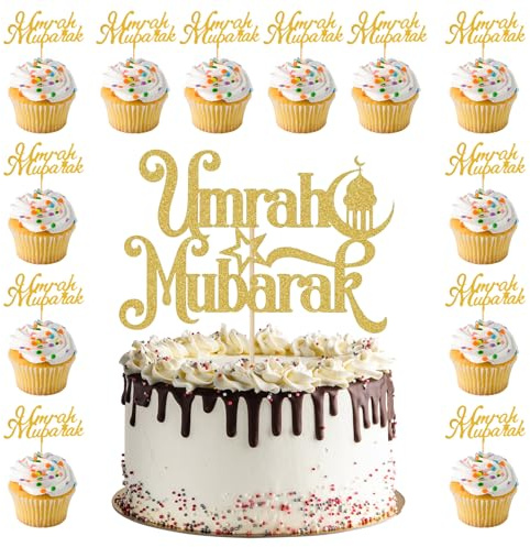 13 Pcs Umrah Mubarak Cake Topper, Gold Glitter Umrah Mubarak Cupcake Toppers Set, Elegant Decorations for Eid Ramadan Event Celebrations Cake Decorations and Party Supplies