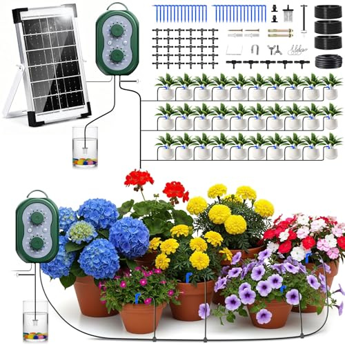 Kit di Irrigazione Automatica Solar, Innaffiare 30 Piante in Vacanza, Sistemi di Irrigazione Automatico con Timer + Tubo Flessibile da 35M per Giardin, Balcone, Piante in vaso