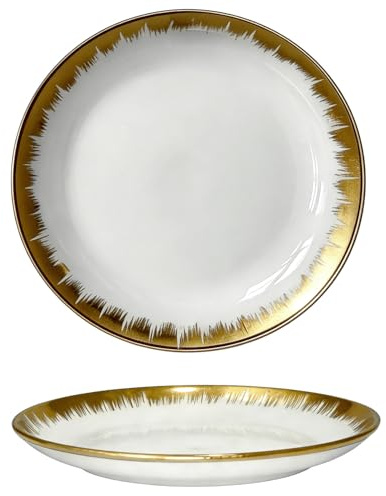 Thornwhisper Platos de cerámica redondos con borde dorado, blanco, 23 cm, moderno y lujoso, 4 unidades, para platos principales