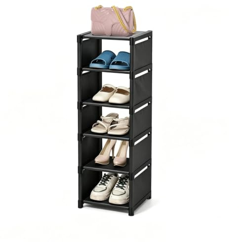 Yeahbo Schuhregal Schmal und Hoch Schwarz mit 6 Ebenen, Schmaler Schuhschrank, Schuhregal Platzsparend Klein, Schuhablage aus Metall Platzsparend, Shoe Rack für Ankleidezimmer, Flur, Schuh Organizer