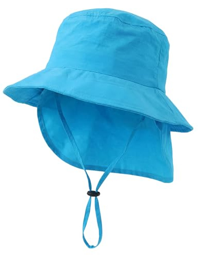 RoxNvm Bärbar barnhatt, anti-UV babyhatt, vändbar hinkhatt med nackskydd, barnbob, anti-UV-keps, barnhatt, Bob-hatt för unisex 2 till 4 år (vit), Färg: blå, M