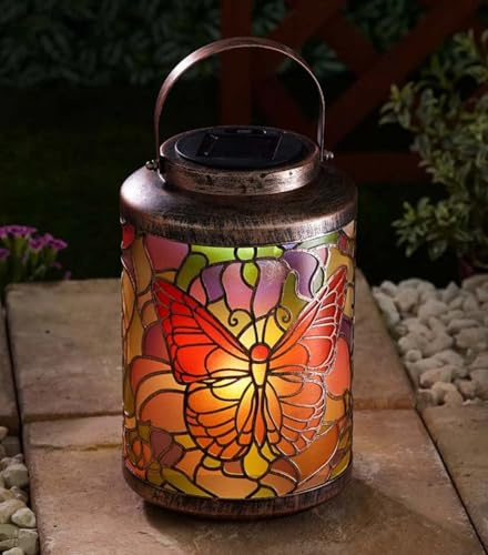 Garden Mile Large Bronze Effect Butterfly Solar Lantern - 24cm Metal Waterproof Warm White LED Hanging Lantern Outdoor Lighting - Butterfly Garden Ornament for Patio Decorations & Outdoor Solar Lights