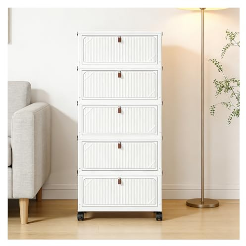 SlateSoul Aufbewahrungsbox mit Deckel, 32L*5 Boxen Aufbewahrung, Stapelboxen mit Deckel, Faltbare Aufbewahrungsboxen mit Tür und Rollen, Klappbox für Haus und Büro, Weiß