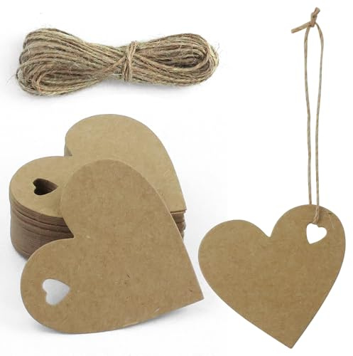100 etichette in carta kraft a forma di cuore, etichette regalo in carta kraft e spago da 10 m per souvenir di nozze, confezioni regalo, fabbricazione di oggetti artigianali