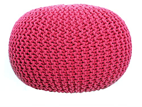 Fernish Décor Pouf poggiapiedi in cotone lavorato a mano, 50 x 50 x 44 cm, pouf poggiapiedi rotondo lavorato a maglia, per camera da letto, soggiorno, soggiorno, colore: rosa acceso