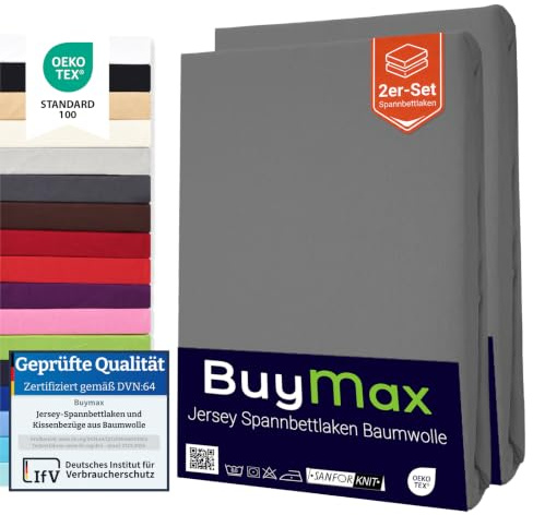 Buymax Spannbettlaken 120x200 cm Doppelpack – 2er Set aus 100% Baumwolle Jersey, 140 g/m², Rundumgummi, für Matratzen bis 25 cm, Oeko-TEX, Anthrazit-Grau