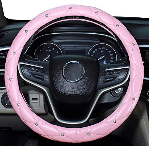 Mayco Bell Diamond Lenkradbezug für Damen, Leder Bling Cute Car Lenkradbezug Universal 15inch mit Crystal Diamond (Pink)