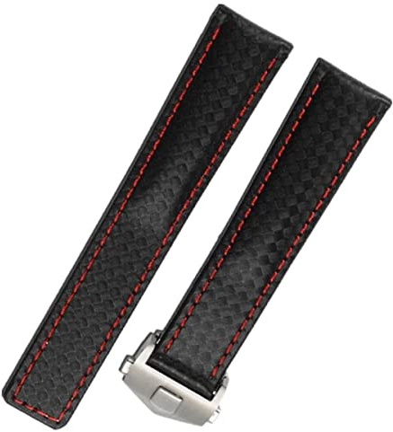 FOUUA Uhrenarmband Schwarzbraunes Echtleder-Uhrenarmband im Krokodil-Stil mit blauen Nähten für Tag Heuer Monaco & Targa Florio Modelle 19 mm 20 mm 22 mm