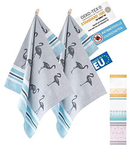 ZWOLTEX Antimikrobiale Jacquard Geschirrtücher aus Ägyptischer Baumwolle und Bambus I Made IN EU I Oeko-TEX 100 I Gewebte Küchentücher - 2X Geschirrhandtücher mit Motiv Flamingo Graphit
