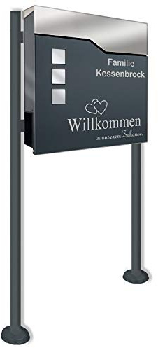 Zalafino Briefkasten incl. Standfuß freistehend in anthrazit - individualisierbarer Design-Briefkasten aus pulverbeschichtetem Stahl mit Zeitungsrolle, Sichtfeldern und Standfuß