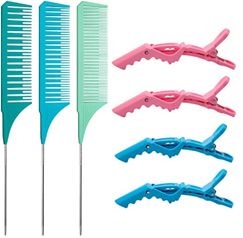 3 PCS Highlighting Combs with 4PCS Alligator Clips, Catcan Weaving Combs for Highlighting Professional Styling Weaving Rat Tail Combs Set for Barbershop Home Hair Salon