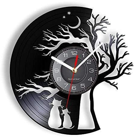 Smotly Orologio da parete in vinile, motivo: coppia di gatti sotto un grande albero, orologio da parete regalo per gli amanti degli animali domestici decorazione per la casa.